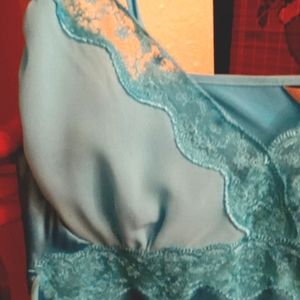 Vintage 80's Robins Egg Blue Satin Nightwear w/ Chiffon and Lace Neckline